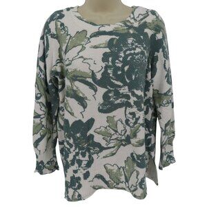 Soft Surroundings Women Medium Green White Watercolor Flower Floral Puckered Top